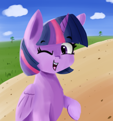 Size: 1520x1625 | Tagged: safe, artist:artiks, character:twilight sparkle, character:twilight sparkle (alicorn), species:alicorn, species:pony, female, looking at you, mare, one eye closed, smiling, solo, wink