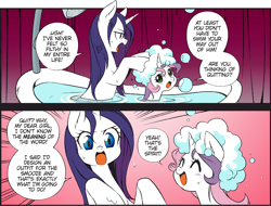 Size: 1954x1486 | Tagged: safe, artist:nekoshiei, editor:anonycat, seven seas, character:rarity, character:sweetie belle, species:pony, species:unicorn, my little pony: the manga, bath, bathing, bathing together, bathtub, belle sisters, colored, cropped, female, filly, manga, mare, shampoo, siblings, sisters, tub, washing hair, wet mane