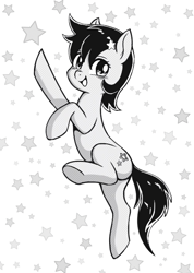 Size: 1001x1406 | Tagged: safe, artist:shydale, seven seas, character:star dancer, species:earth pony, species:pony, my little pony: the manga, abstract background, aggie.io, cute, female, mare, monochrome, solo, stars, style emulation