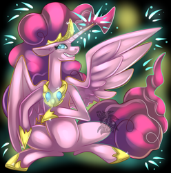 Size: 3033x3057 | Tagged: safe, artist:sapphirus, idw, character:pinkie pie, species:alicorn, species:pony, alicornified, chaotic, commission, crown, female, jewelry, mare, pinkiecorn, princess, princess of chaos, race swap, regalia, solo, wings, xk-class end-of-the-world scenario