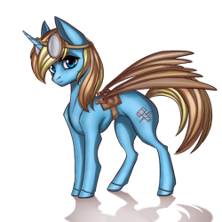 Size: 2596x2596 | Tagged: safe, artist:rensaio, oc, oc only, oc:skydreams, species:pony, species:unicorn, artificial wings, augmented, goggles, mechanical wing, simple background, solo, transparent background, wings