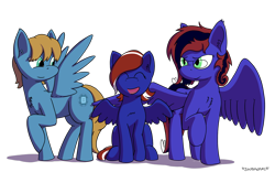 Size: 1920x1200 | Tagged: safe, artist:skydreams, oc, oc only, oc:skittlebug, oc:skitzy, oc:windstorm, species:pegasus, species:pony, chest fluff, commission, family photo, female, filly, glasses, mare, simple background, smiling, spread wings, transparent background, wings