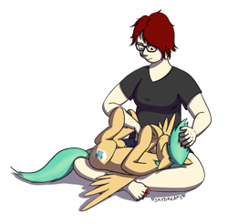 Size: 1185x1166 | Tagged: safe, artist:skydreams, oc, oc:summer ray, species:human, species:pegasus, species:pony, barefoot, belly rubbing, feet, female, glasses, human female, human on pony petting, human on pony snuggling, mare, painted nails, petting, self portrait, simple background, snuggling, transparent background