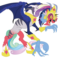 Size: 1024x1015 | Tagged: safe, artist:dragonchaser123, idw, character:big mcintosh, character:cosmos, character:princess cadance, character:princess celestia, character:princess luna, character:twilight sparkle, character:zecora, cosmageddon, female, fusion, horn, hybrid wings, idw showified, multiple ears, multiple horns, simple background, solo, transparent background, vector, wing claws, wings