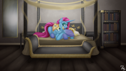 Size: 5760x3240 | Tagged: safe, artist:sevenserenity, oc, oc only, oc:skydreams, oc:stormy skies, species:alicorn, species:pony, species:unicorn, bed, bookshelf, complex background, day chair, easter egg, mirror, snuggling