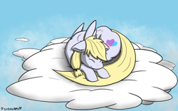 Size: 1920x1200 | Tagged: safe, artist:skydreams, oc, oc only, oc:loves lift, species:pegasus, species:pony, behaving like a cat, cloud, commission, curled up, female, mare, on a cloud, sleeping, solo