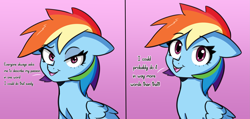Size: 3123x1488 | Tagged: safe, artist:artiks, character:rainbow dash, species:pegasus, species:pony, dialogue, female, mare, simple background, solo
