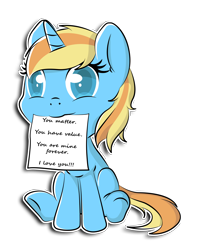 Size: 11824x14508 | Tagged: safe, artist:drpokelover, oc, oc:skydreams, species:pony, species:unicorn, chibi, commission, cute, dawwww, female, love, mare, mouth hold, note, ocbetes, positive ponies, simple background, sitting, transparent background, wholesome, ych result