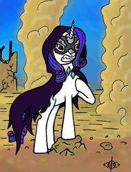 Size: 1203x1574 | Tagged: safe, artist:assertiveshypony, idw, character:rarity, species:pony, species:unicorn, angry, cloak, clothing, destruction, digital art, doctor doomity, female, mask, ponies of dark water, simple background, solo