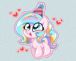 Size: 2560x2048 | Tagged: safe, artist:sugar morning, oc, oc only, oc:oofy colorful, species:pony, species:unicorn, birthday, chibi, clothing, cute, happy, happy birthday, hat, heart, ocbetes, party hat, simple background, standing
