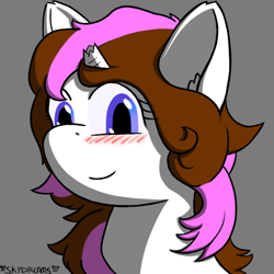 Size: 600x600 | Tagged: safe, artist:skydreams, oc, oc only, oc:lyric, species:pony, species:unicorn, blushing, broken horn, bust, commission, femboy, horn, male, portrait, simple background, smiling, stallion