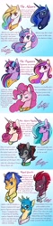 Size: 1280x5455 | Tagged: safe, artist:snowballflo, idw, character:flash sentry, character:gallus, character:king sombra, character:pinkie pie, character:princess amore, character:princess cadance, character:princess celestia, character:princess flurry heart, character:princess luna, character:radiant hope, character:tempest shadow, character:twilight sparkle, character:twilight sparkle (alicorn), species:alicorn, species:griffon, species:pegasus, species:pony, species:unicorn, alicornified, alternate universe, broken horn, bust, eye scar, female, heartverse, horn, implied flashburst, implied gallstream, implied glittershadow, implied hopebra, long, male, mare, older, older flurry heart, peytral, pinkiecorn, princess radiant hope, race swap, scar, stallion, text, xk-class end-of-the-world scenario