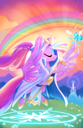 Size: 1920x2954 | Tagged: safe, artist:meekcheep, idw, character:princess cadance, species:alicorn, species:pony, legends of magic, cloak, clothing, cloud, costume, crystal empire, crystal heart, eyes closed, female, flying, hoof hold, majestic, mare, rainbow, sky, solo, spread wings, staff, wings