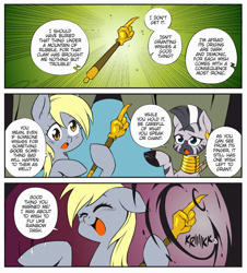 Size: 1216x1344 | Tagged: safe, artist:nekoshiei, edit, editor:anonycat, seven seas, character:derpy hooves, character:zecora, species:pegasus, species:pony, species:zebra, my little pony: the manga, claw, color edit, colored, comic, cropped, female, mare, monkey paw, this will not end well