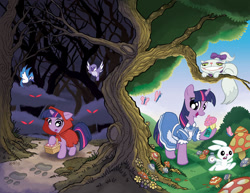 Size: 1000x771 | Tagged: safe, artist:tonyfleecs, idw, official, character:angel bunny, character:opalescence, character:twilight sparkle, alice in wonderland, cheshire cat, clean, little red riding hood, mushroom, parody