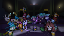 Size: 2000x1125 | Tagged: safe, artist:dreamsthefox, idw, character:applejack, character:autumn blaze, character:capper dapperpaws, character:discord, character:fluttershy, character:gallus, character:gilda, character:good king sombra, character:king sombra, character:ocellus, character:pinkie pie, character:princess celestia, character:rainbow dash, character:rarity, character:sandbar, character:silverstream, character:smolder, character:spike, character:tempest shadow, character:twilight sparkle, character:twilight sparkle (alicorn), character:yona, species:alicorn, species:changeling, species:classical hippogriff, species:draconequus, species:dragon, species:earth pony, species:griffon, species:hippogriff, species:pegasus, species:pony, species:reformed changeling, species:unicorn, species:yak, ship:autumnjack, ship:capperity, ship:celestibra, ship:discoshy, ship:gallbar, ship:gildapie, ship:gildash, ship:pinkiedash, ship:tempestlight, 3d, candy, female, food, gay, gay in front of girls, interspecies, lesbian, lesbian in front of boys, lollipop, lots of characters, male, mane seven, mane six, movie, movie theatre, popcorn, sfm pony, shipping, smolderstream, source filmmaker, straight, student six, theater, yonellus