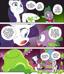 Size: 1464x1672 | Tagged: safe, artist:nekoshiei, edit, editor:anonycat, seven seas, character:rarity, character:smooze, character:spike, character:sweetie belle, species:dragon, species:pony, species:unicorn, my little pony: the manga, carousel boutique, clothing, color edit, colored, comic, cropped, dialogue, dress, female, filly, maid, male, mare, speech bubble, tuxedo