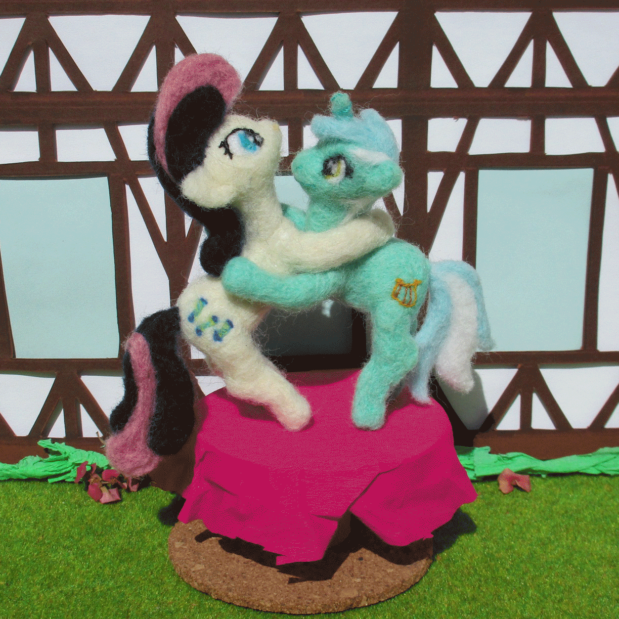 Size: 1224x1224 | Tagged: safe, artist:malte279, character:bon bon, character:lyra heartstrings, character:sweetie drops, species:earth pony, species:pony, species:unicorn, ship:lyrabon, animated, craft, cutie mark, dancing, felt, felting, female, hug, lesbian, needle felted, plushie, shipping, stop motion, table