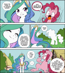 Size: 1463x1633 | Tagged: safe, artist:nekoshiei, edit, editor:anonycat, seven seas, character:pinkie pie, character:princess celestia, species:alicorn, species:earth pony, species:pony, my little pony: the manga, banana wizard, color edit, colored, comic, cropped, duo, female, mare, pinkie being pinkie, ponyville