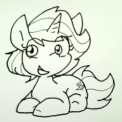 Size: 1200x1200 | Tagged: safe, artist:zutcha, oc, oc only, oc:skydreams, species:pony, species:unicorn, black and white, female, gift art, grayscale, looking at you, mare, monochrome, simple background, sitting, smiling, smol, white background