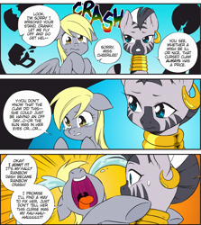 Size: 1464x1643 | Tagged: safe, artist:nekoshiei, edit, editor:anonycat, seven seas, character:derpy hooves, character:zecora, species:pegasus, species:pony, species:zebra, my little pony: the manga, color edit, colored, comic, cropped, crying, duo, female, implied rainbow dash, mare, ocular gushers, quadrupedal, uvula, volumetric mouth