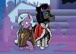 Size: 1280x905 | Tagged: safe, artist:animatorwil, idw, character:king sombra, character:radiant hope, species:pony, species:umbrum, species:unicorn, ship:hopebra, cape, clothing, female, male, mare, shipping, siege of the crystal empire, stallion, straight