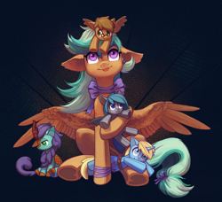 Size: 2192x2000 | Tagged: safe, artist:koviry, oc, oc:midnight dagger, oc:searing cold, oc:skydreams, oc:summer ray, oc:thistle down, species:bat pony, species:kirin, species:pegasus, species:pony, species:unicorn, artificial wings, augmented, bat wings, blep, blue eyes, bow, cute, female, glasses, green eyes, holding, hooves, horn, mare, pegasus wings, plushie, purple eyes, ribbon, tongue out, toy, wings