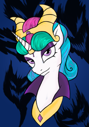 Size: 2049x2927 | Tagged: safe, artist:mermaidsoupbuttons, idw, character:princess celestia, species:alicorn, species:pony, bust, evil celestia, female, looking at you, mare, peytral, portrait, solo