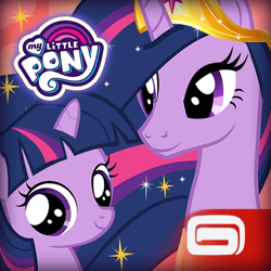 Size: 512x512 | Tagged: safe, gameloft, idw, character:twilight sparkle, character:twilight sparkle (alicorn), character:twilight sparkle (unicorn), species:alicorn, species:pony, species:unicorn, episode:the last problem, g4, my little pony: friendship is magic, duo, duo female, ethereal mane, female, filly, filly twilight sparkle, galaxy mane, horn, jewelry, looking at you, mare, my little pony logo, older, older twilight, princess twilight 2.0, tiara, younger