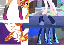 Size: 889x629 | Tagged: safe, kotobukiya, screencap, character:daybreaker, character:nightmare moon, character:princess celestia, character:princess luna, character:sunset shimmer, species:alicorn, species:human, species:pony, species:unicorn, episode:a royal problem, episode:luna eclipsed, episode:princess twilight sparkle, g4, my little pony: friendship is magic, my little pony:equestria girls, boots, comparison, hooves, humanized, jewelry, kotobukiya sunset shimmer, legs, pictures of legs, regalia, shoes, text