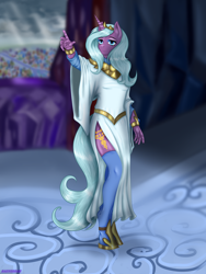 Size: 2400x3200 | Tagged: safe, artist:raeverran, idw, character:radiant hope, species:anthro, species:pony, species:unguligrade anthro, species:unicorn, clothing, female, hoof shoes, mare, princess radiant hope, side slit, solo, stockings, thigh highs, white dress