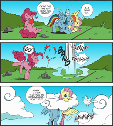 Size: 1326x1477 | Tagged: safe, artist:nekoshiei, edit, editor:anonycat, seven seas, character:fluttershy, character:pinkie pie, character:rainbow dash, species:bird, species:earth pony, species:pegasus, species:pony, my little pony: the manga, balloon, balloon popping, blowing up balloons, cloud, color edit, colored, cropped, female, mare, mean, my little pony: the manga volume 2, pin, popping, rock, scared, trio