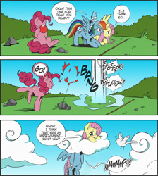 Size: 1326x1477 | Tagged: safe, artist:nekoshiei, edit, editor:anonycat, seven seas, character:fluttershy, character:pinkie pie, character:rainbow dash, species:bird, species:earth pony, species:pegasus, species:pony, my little pony: the manga, ambiguous penetration, balloon, balloon popping, blowing up balloons, blushing, cloud, colored, comic, cropped, dialogue, edited edit, female, head up butt, mare, mean, penetration, pin, popping, rock, scared