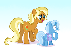 Size: 1095x760 | Tagged: safe, artist:doodledaydreamer, artist:doodledaydreamer-mlp, idw, character:sunflower spectacle, character:trixie, species:earth pony, species:pony, species:unicorn, g4, bag, cute, diatrixes, duo, female, filly, filly trixie, gradient background, idw showified, mare, mother and child, mother and daughter, nervous, race swap, raised hoof, saddle bag, show accurate, simple background, white background, younger