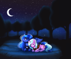 Size: 3543x2952 | Tagged: safe, artist:wild-fluff, idw, character:princess luna, character:radiant hope, species:alicorn, species:pony, species:unicorn, clothing, crescent moon, crown, female, jewelry, lesbian, lunahope, lying down, mare, moon, night, outdoors, peytral, prone, regalia, scarf, shipping, tiara, tree