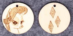 Size: 1014x507 | Tagged: safe, artist:malte279, character:rarity, craft, cutie mark, jewelry, pendant, pyrography, traditional art, wood