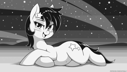 Size: 1280x720 | Tagged: safe, artist:shydale, seven seas, character:star dancer, species:earth pony, species:pony, my little pony: the manga, bedroom eyes, belly, belly button, blushing, cute, female, looking at you, mare, monochrome, open mouth, prone, solo, stars