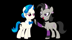 Size: 1280x720 | Tagged: safe, artist:juggybuggy305, artist:thecheeseburger, idw, character:dj pon-3, character:octavia melody, character:vinyl scratch, species:earth pony, species:pony, species:unicorn, alternate hairstyle, black background, clothing, dyed mane, ear piercing, earring, jewelry, neck bow, piercing, raised hoof, reflections, rocktavia, simple background, socks, vinyl class