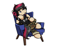 Size: 2560x2048 | Tagged: safe, artist:sugar morning, oc, oc only, oc:porsche speedwings, species:pegasus, species:pony, armchair, bedroom eyes, camo pants, chillaxing, clothing, headphone jack, headphones, looking away, male, phone, shirt, simple background, solo, stallion, t-shirt, tool (band), transparent background, watch, wristwatch
