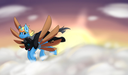 Size: 2048x1204 | Tagged: safe, artist:noxi1_48, oc, oc only, oc:skydreams, oc:tectus ignis, species:changeling, species:pony, species:unicorn, artificial wings, augmented, changeling oc, cloud, excited, female, flying, mare, riding, shipping, skytus, sunset, wings
