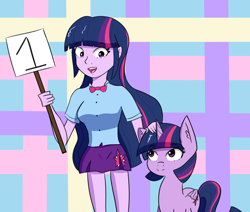 Size: 2556x2164 | Tagged: safe, artist:artiks, character:twilight sparkle, character:twilight sparkle (alicorn), species:alicorn, species:pony, newbie artist training grounds, my little pony:equestria girls, atg 2020, human ponidox, looking at each other, self ponidox, solo