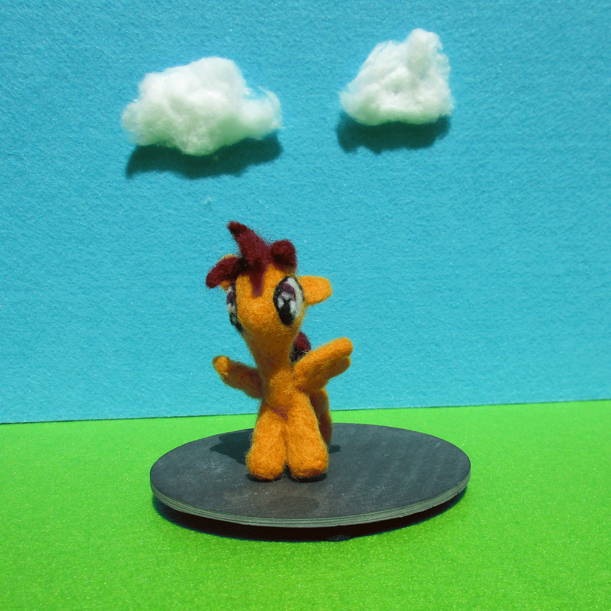 Size: 1260x1260 | Tagged: safe, artist:malte279, character:scootaloo, species:pegasus, species:pony, animated, craft, felting, needle felted, plushie, rotating, rotation, spread wings, stop motion, wings