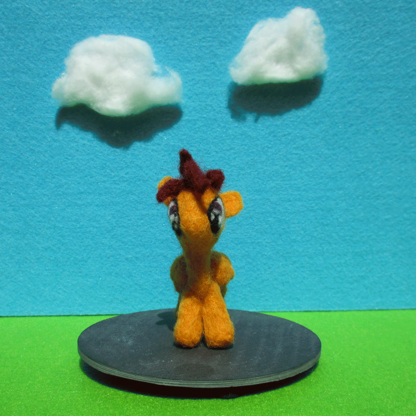 Size: 1404x1404 | Tagged: safe, artist:malte279, character:scootaloo, species:pegasus, species:pony, animated, craft, felting, folded wings, needle felted, plushie, rotating, rotation, stop motion, wings