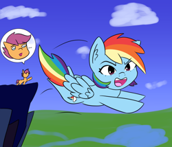 Size: 1862x1595 | Tagged: safe, artist:artiks, character:rainbow dash, character:scootaloo, species:pegasus, species:pony, newbie artist training grounds, atg 2020, backwards cutie mark, cliff, flying
