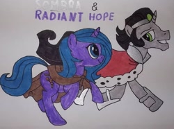 Size: 592x440 | Tagged: safe, artist:electric spark, idw, character:king sombra, character:radiant hope, species:pony, species:unicorn, ship:hopebra, cape, clothing, crown, eye contact, grin, jewelry, looking at each other, reformed sombra, regalia, running, shipping, simple background, smiling, sombra's cape, straight, text, traditional art, white background