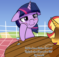 Size: 1763x1719 | Tagged: safe, artist:artiks, character:sunset shimmer, character:twilight sparkle, species:pony, newbie artist training grounds, ship:sunsetsparkle, atg 2020, blushing, dialogue, duo, female, floppy ears, heart eyes, hoof on chin, lesbian, shipping, table, wingding eyes