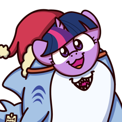 Size: 1000x1000 | Tagged: safe, artist:sugar morning, character:twilight sparkle, oc, oc:santa pone, christmas, clothing, cute, definitely a pony, fake cutie mark, hat, holiday, mask, paper-thin disguise, santa hat, shark, simple background, solo, sugar morning's smiling ponies, transparent background