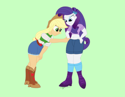 Size: 1890x1470 | Tagged: safe, artist:necrofeline, character:applejack, character:rarity, species:human, my little pony:equestria girls, belly button, duo, duo female, female, implied lesbian, implied rarijack, implied shipping, midriff, poking, this will not end well