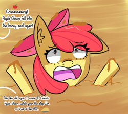 Size: 1844x1648 | Tagged: safe, artist:artiks, character:apple bloom, species:pony, newbie artist training grounds, atg 2020, dialogue, female, filly, food, honey, implied applejack, quicksand, sinking, solo, vulgar