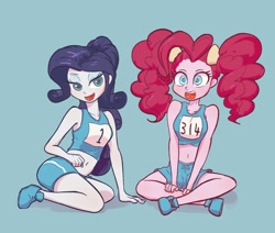 Size: 2048x1736 | Tagged: safe, artist:noupu, idw, character:pinkie pie, character:rarity, my little pony:equestria girls, alternate hairstyle, clothing, cute, duo, march radness, open mouth, pigtails, scene interpretation, shoes, shorts, sitting, sleeveless, sneakers, sports shoes, sports shorts